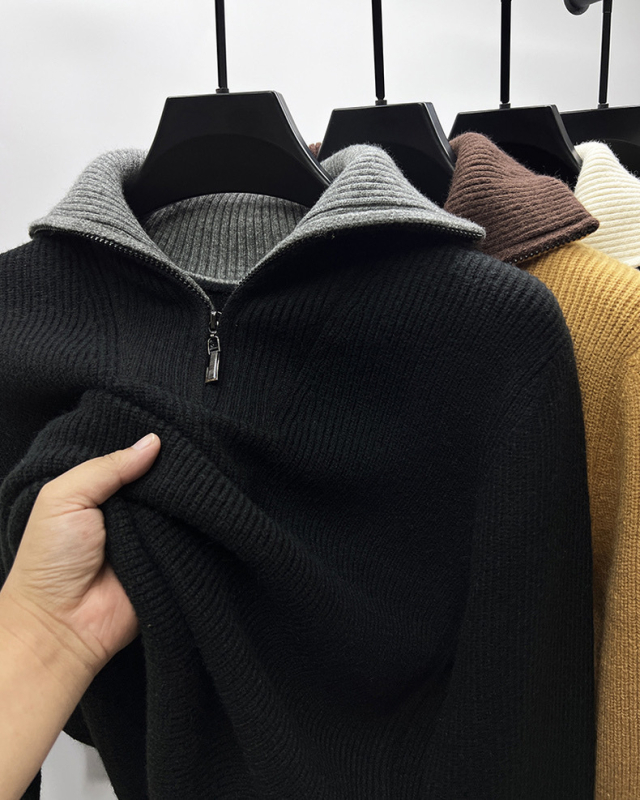 Ανδρικό πλεκτό πουλόβερ με φερμουάρ - χαλαρή γραμμή, γιακά πουκάμισου, μακριά μανίκια (Μίγμα χημικών ινών; Κύριο ύφασμα: νάιλον; Περιεχόμενο: ακρυλικό; Στυλ: πουλόβερ, μετακίνηση; Σεζόν: Χειμώνας 2025)