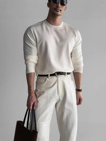 Slim-fit πλεκτός πουλόβερ με crewneck, μακριά μανίκια, αναπνέουσα πολυεστερική ανάμιξη, ριμπ κάτω μέρος