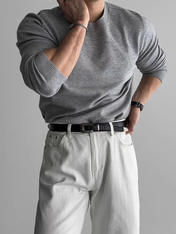 Slim-fit πλεκτός πουλόβερ με crewneck, μακριά μανίκια, αναπνέουσα πολυεστερική ανάμιξη, ριμπ κάτω μέρος