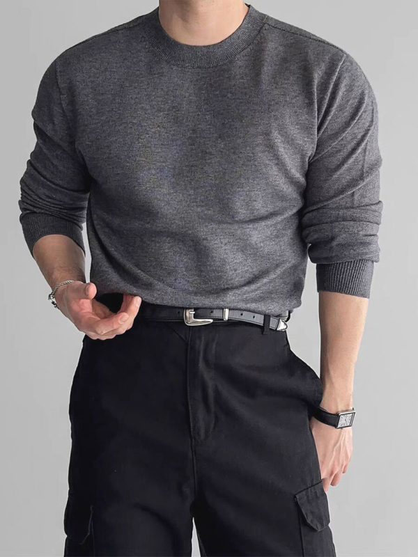 Slim-fit πλεκτός πουλόβερ με crewneck, μακριά μανίκια, αναπνέουσα πολυεστερική ανάμιξη, ριμπ κάτω μέρος