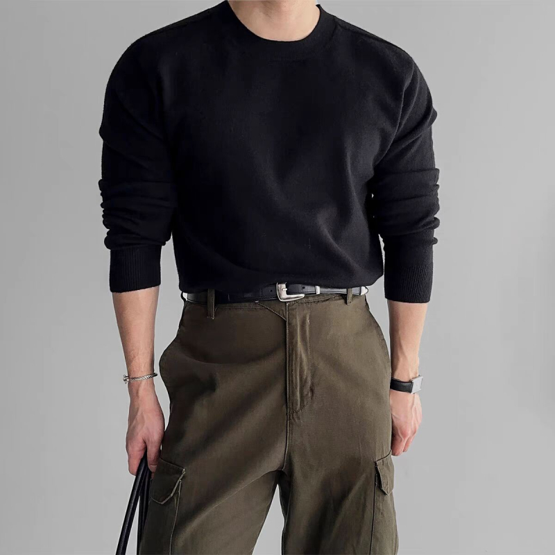 Slim-fit πλεκτός πουλόβερ με crewneck, μακριά μανίκια, αναπνέουσα πολυεστερική ανάμιξη, ριμπ κάτω μέρος