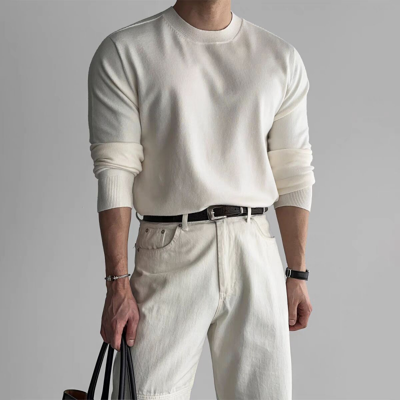 Slim-fit πλεκτός πουλόβερ με crewneck, μακριά μανίκια, αναπνέουσα πολυεστερική ανάμιξη, ριμπ κάτω μέρος