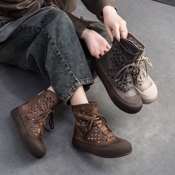 Ghete feminine din piele de vită de primă calitate, cu design respirabil perforat, vârf rotund, căptușeală din piele de porc, talpă din cauciuc, fermoar pe spate