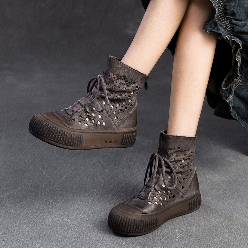 Ghete feminine din piele de vită de primă calitate, cu design respirabil perforat, vârf rotund, căptușeală din piele de porc, talpă din cauciuc, fermoar pe spate