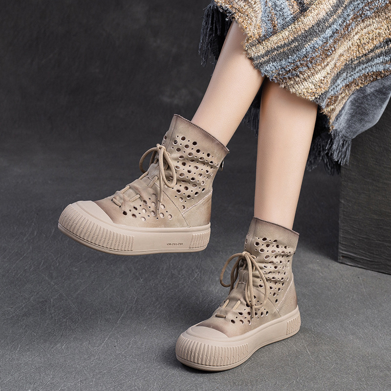Ghete feminine din piele de vită de primă calitate, cu design respirabil perforat, vârf rotund, căptușeală din piele de porc, talpă din cauciuc, fermoar pe spate