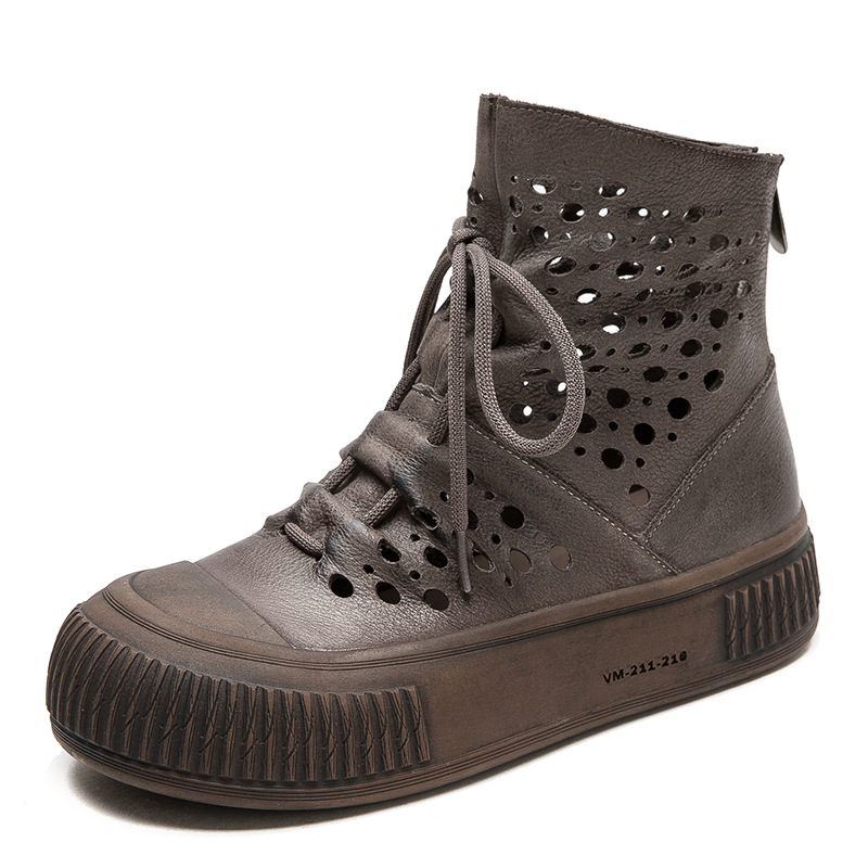 Ghete feminine din piele de vită de primă calitate, cu design respirabil perforat, vârf rotund, căptușeală din piele de porc, talpă din cauciuc, fermoar pe spate