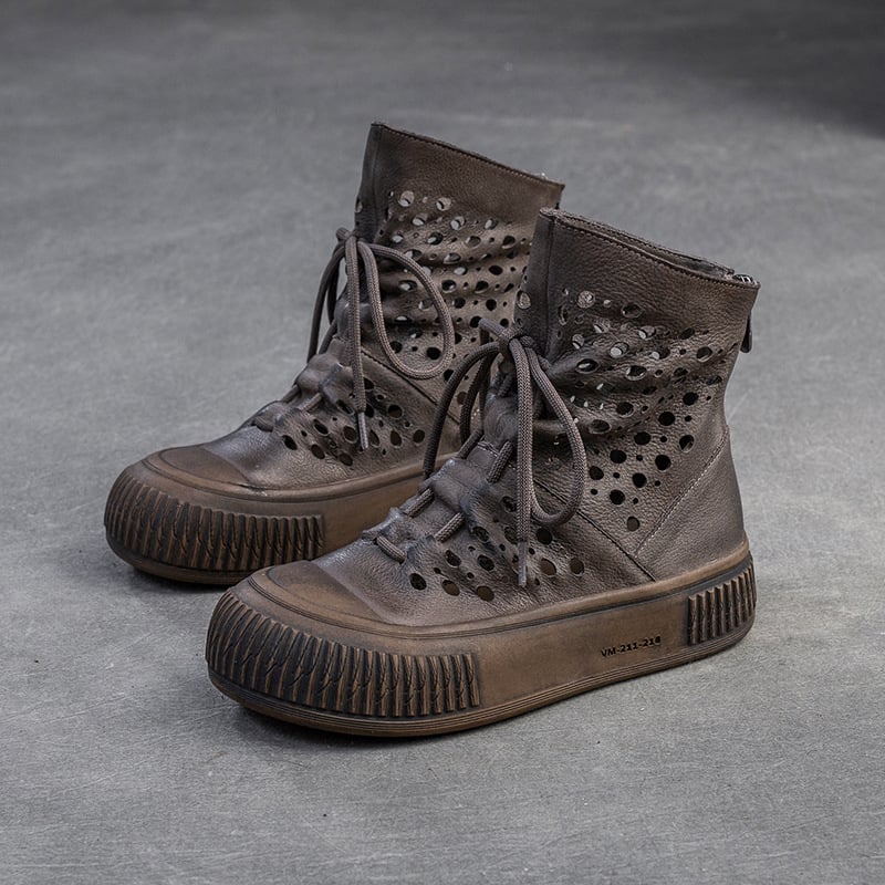 Ghete feminine din piele de vită de primă calitate, cu design respirabil perforat, vârf rotund, căptușeală din piele de porc, talpă din cauciuc, fermoar pe spate