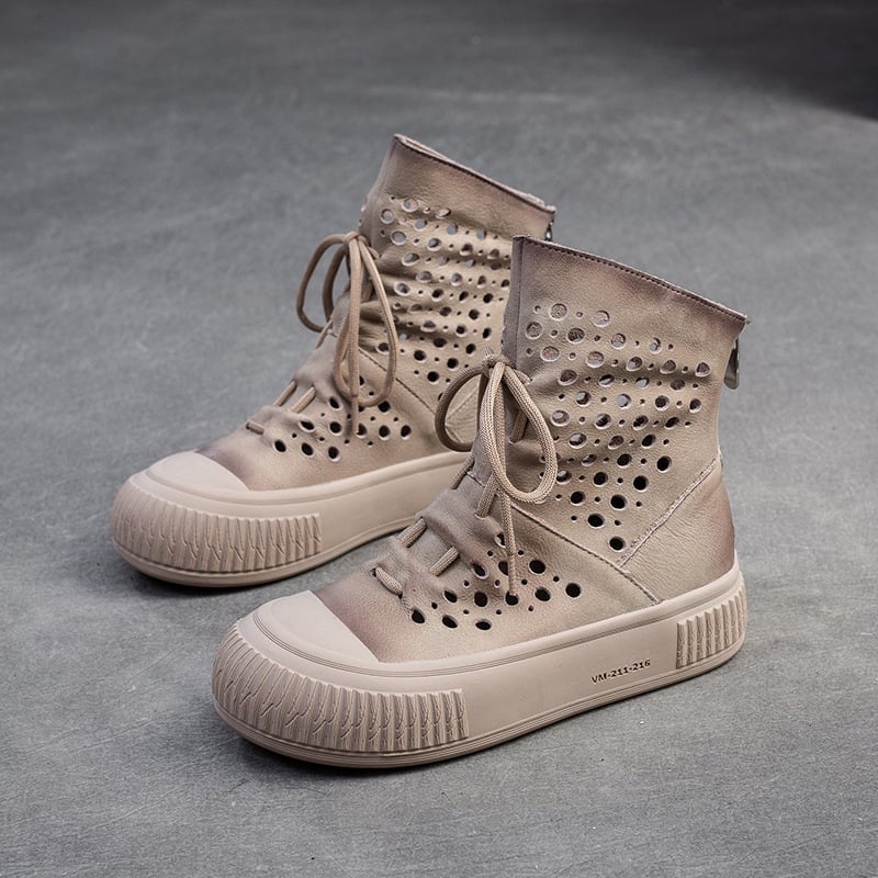 Ghete feminine din piele de vită de primă calitate, cu design respirabil perforat, vârf rotund, căptușeală din piele de porc, talpă din cauciuc, fermoar pe spate