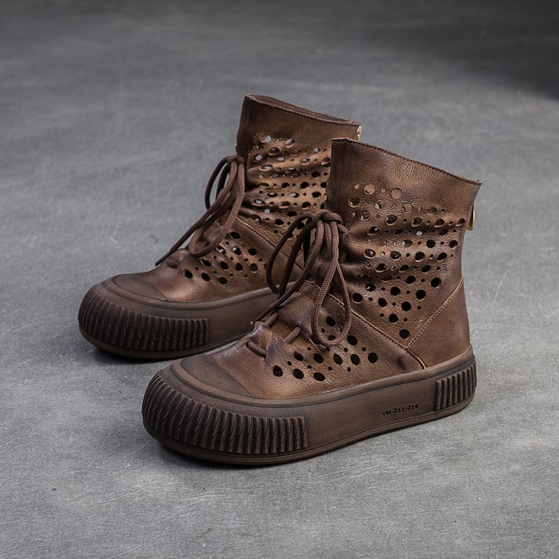 Ghete feminine din piele de vită de primă calitate, cu design respirabil perforat, vârf rotund, căptușeală din piele de porc, talpă din cauciuc, fermoar pe spate