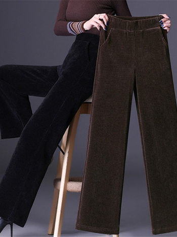 Dámske nohavice z chenille s fleecovou podšívkou, rovný strih, vysoký pás, casual štýl, jesensko-zimné, 95% polyester