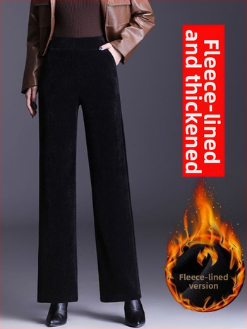 Dámske nohavice z chenille s fleecovou podšívkou, rovný strih, vysoký pás, casual štýl, jesensko-zimné, 95% polyester