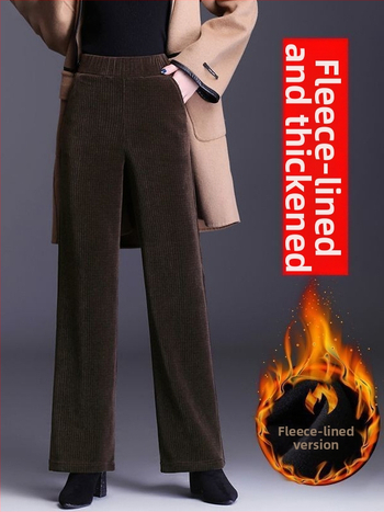 Dámske nohavice z chenille s fleecovou podšívkou, rovný strih, vysoký pás, casual štýl, jesensko-zimné, 95% polyester