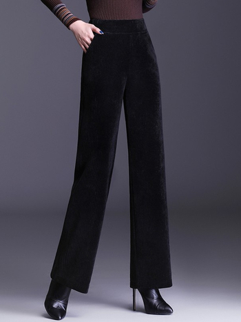 Dámske nohavice z chenille s fleecovou podšívkou, rovný strih, vysoký pás, casual štýl, jesensko-zimné, 95% polyester