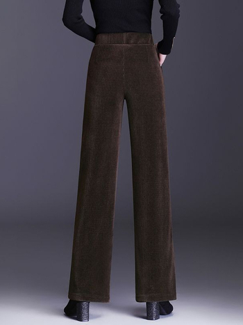 Dámske nohavice z chenille s fleecovou podšívkou, rovný strih, vysoký pás, casual štýl, jesensko-zimné, 95% polyester