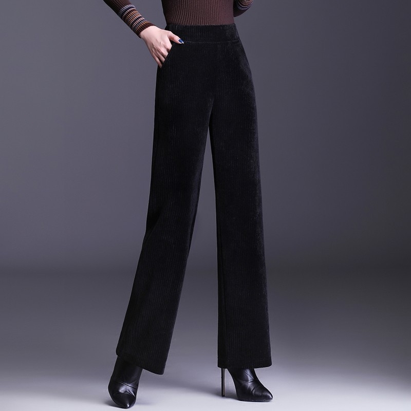 Dámske nohavice z chenille s fleecovou podšívkou, rovný strih, vysoký pás, casual štýl, jesensko-zimné, 95% polyester