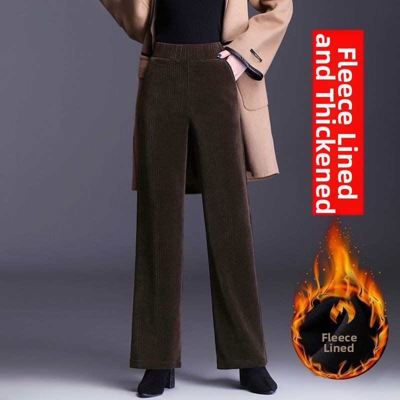 Dámske nohavice z chenille s fleecovou podšívkou, rovný strih, vysoký pás, casual štýl, jesensko-zimné, 95% polyester