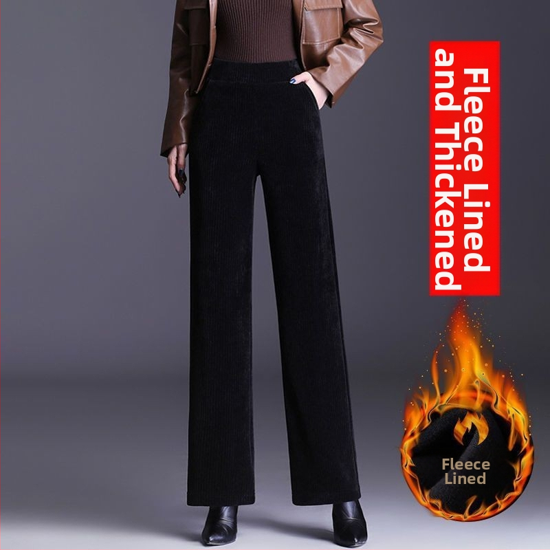 Dámske nohavice z chenille s fleecovou podšívkou, rovný strih, vysoký pás, casual štýl, jesensko-zimné, 95% polyester