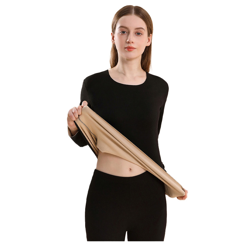 Ženski termalni set donjeg rublja s fleece podstavom, debeli materijal 201–250 g/m², dvodijelni set: top s okruglim izrezom i hlače s dugim rukavima, grijanje