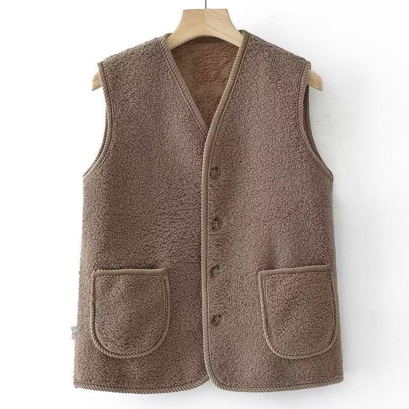 Vesta s flis podstavom, bez ovratnika, duljina 50-65 cm, acetatna tkanina, 90-95% poliester