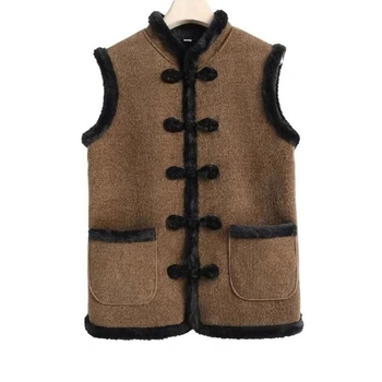 Γυναικείο γιλέκο από μαλλί σε μείξη, με σταθερό γιακά, επενδεδυμένο φλίς, κλείσιμο με ένα κουμπί, φθινοπωρινό-χειμερινό 2024
