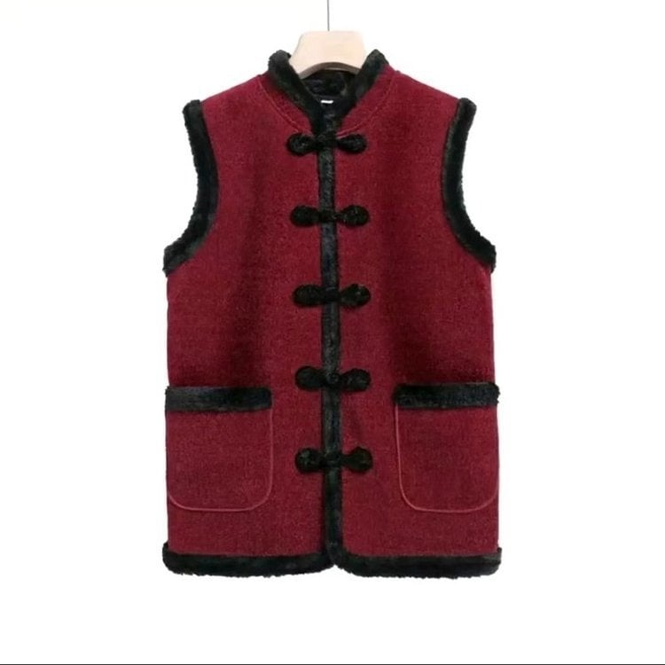 Γυναικείο γιλέκο από μαλλί σε μείξη, με σταθερό γιακά, επενδεδυμένο φλίς, κλείσιμο με ένα κουμπί, φθινοπωρινό-χειμερινό 2024