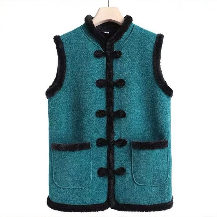 Γυναικείο γιλέκο από μαλλί σε μείξη, με σταθερό γιακά, επενδεδυμένο φλίς, κλείσιμο με ένα κουμπί, φθινοπωρινό-χειμερινό 2024