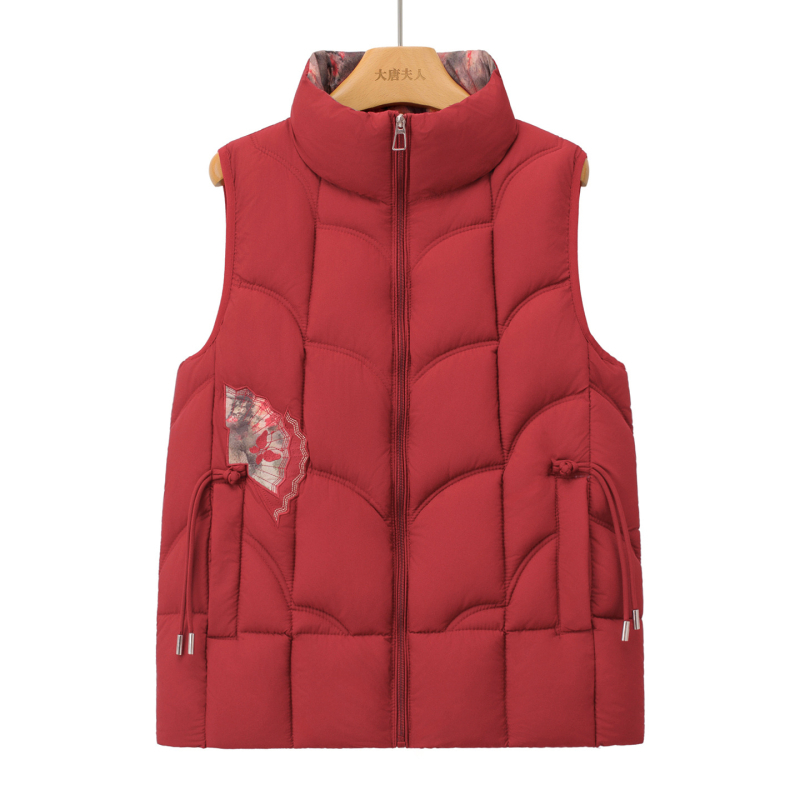 Datang Furen Ženski fleece-om obloženi topli prsluk za zimu za žene srednje dobi i starije, regulirana duljina 50–65 cm, poliester, cvjetni uzorak, završna obrada protiv nabiranja