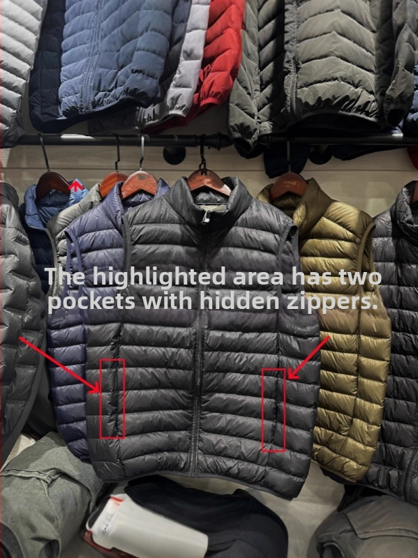 Ultraľahká pérová vesta s nylonovým vonkajším materiálom, obsah peria 86–90%, výplň 90 g bieleho kačacieho peria, tenká, bez kapucne