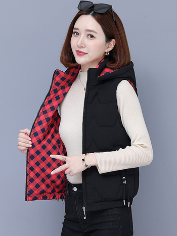 Γυναικεία αναστρέψιμη γιλέκα με γέμισμα από πούπουλο-βαμβάκι, κουκούλα, φερμουάρ, ριγέ σχέδιο, άνετη γραμμή