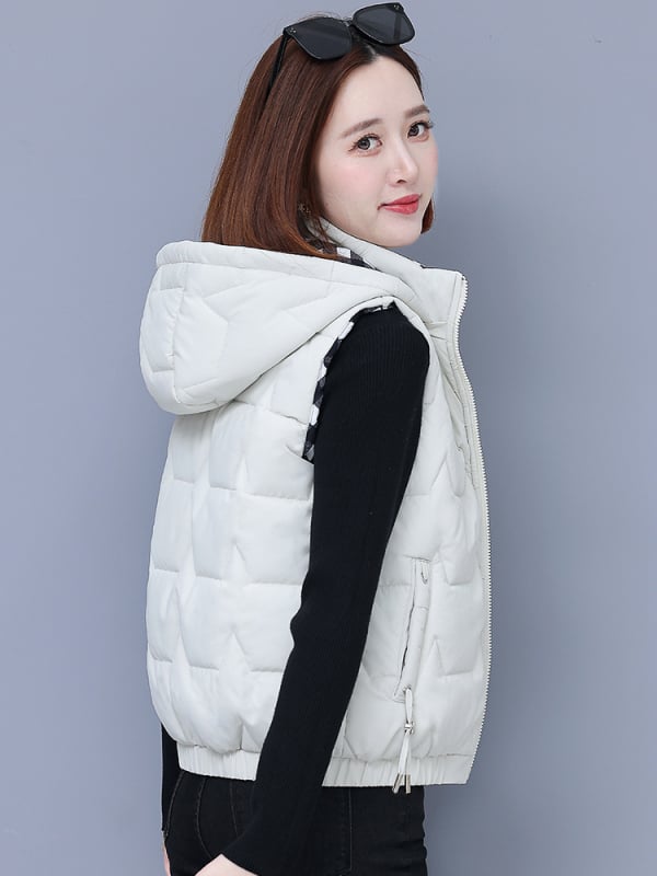 Γυναικεία αναστρέψιμη γιλέκα με γέμισμα από πούπουλο-βαμβάκι, κουκούλα, φερμουάρ, ριγέ σχέδιο, άνετη γραμμή