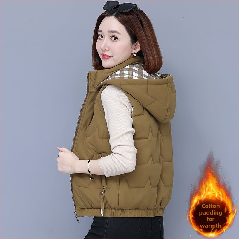 Γυναικεία αναστρέψιμη γιλέκα με γέμισμα από πούπουλο-βαμβάκι, κουκούλα, φερμουάρ, ριγέ σχέδιο, άνετη γραμμή