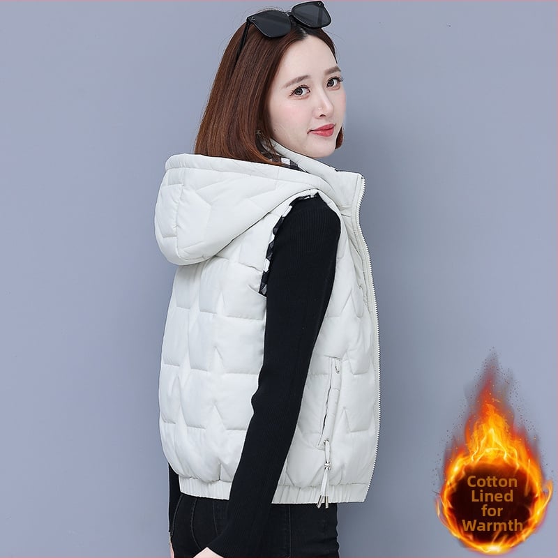 Γυναικεία αναστρέψιμη γιλέκα με γέμισμα από πούπουλο-βαμβάκι, κουκούλα, φερμουάρ, ριγέ σχέδιο, άνετη γραμμή