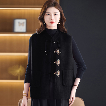 Γιλέκο πλεκτό σε κινεζικό στυλ με σταθερό γιακά και κούμπωμα με αγκράφες, μάλλινο-ακρυλικό μείγμα 50–70%, χαλαρή εφαρμογή, φθινοπωρινο 2025