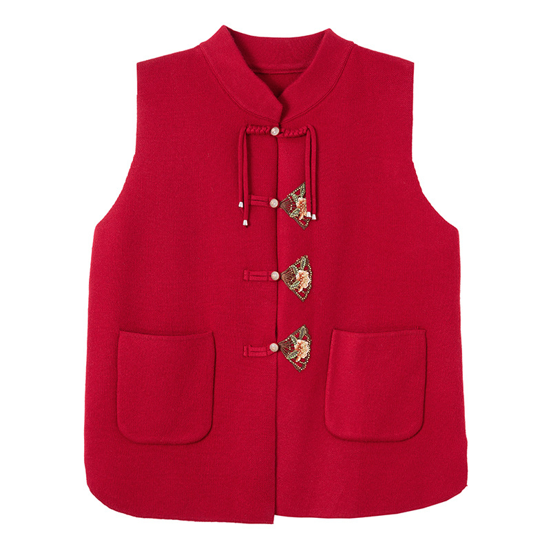 Γιλέκο πλεκτό σε κινεζικό στυλ με σταθερό γιακά και κούμπωμα με αγκράφες, μάλλινο-ακρυλικό μείγμα 50–70%, χαλαρή εφαρμογή, φθινοπωρινο 2025