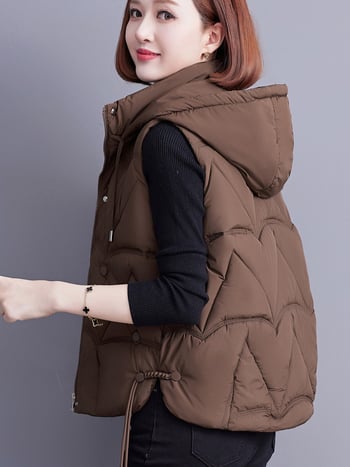 Γυναικείο γιλέκο με κουκούλα, γέμισμα από πούπουλο-βαμβάκι, για καθημερινή μετακίνηση, κανονικό μήκος 50–65 εκ, μονόχρωνο πολυεστερικό ύφασμα, μπροστινό φερμουάρ, φθινόπωρο 2024