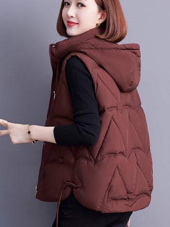 Γυναικείο γιλέκο με κουκούλα, γέμισμα από πούπουλο-βαμβάκι, για καθημερινή μετακίνηση, κανονικό μήκος 50–65 εκ, μονόχρωνο πολυεστερικό ύφασμα, μπροστινό φερμουάρ, φθινόπωρο 2024