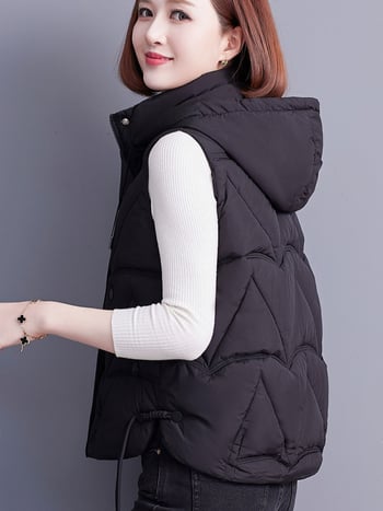 Γυναικείο γιλέκο με κουκούλα, γέμισμα από πούπουλο-βαμβάκι, για καθημερινή μετακίνηση, κανονικό μήκος 50–65 εκ, μονόχρωνο πολυεστερικό ύφασμα, μπροστινό φερμουάρ, φθινόπωρο 2024