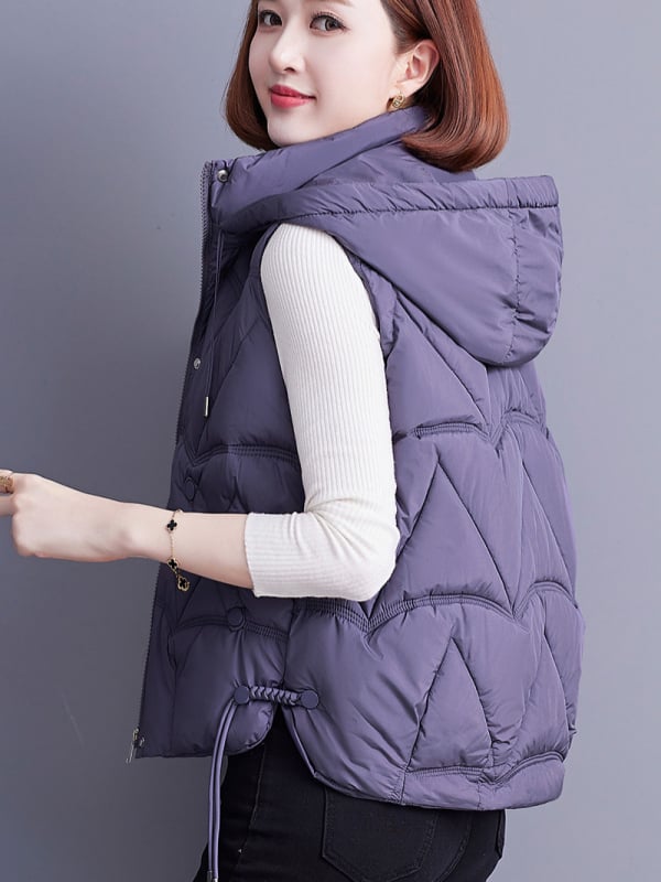 Γυναικείο γιλέκο με κουκούλα, γέμισμα από πούπουλο-βαμβάκι, για καθημερινή μετακίνηση, κανονικό μήκος 50–65 εκ, μονόχρωνο πολυεστερικό ύφασμα, μπροστινό φερμουάρ, φθινόπωρο 2024