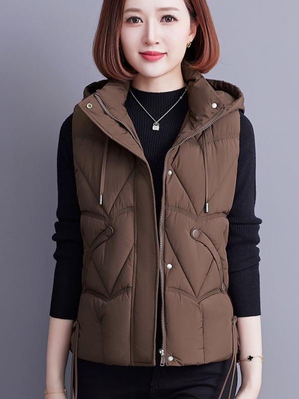 Γυναικείο γιλέκο με κουκούλα, γέμισμα από πούπουλο-βαμβάκι, για καθημερινή μετακίνηση, κανονικό μήκος 50–65 εκ, μονόχρωνο πολυεστερικό ύφασμα, μπροστινό φερμουάρ, φθινόπωρο 2024