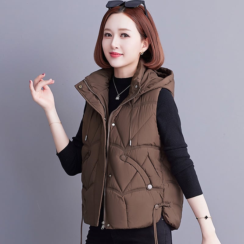 Γυναικείο γιλέκο με κουκούλα, γέμισμα από πούπουλο-βαμβάκι, για καθημερινή μετακίνηση, κανονικό μήκος 50–65 εκ, μονόχρωνο πολυεστερικό ύφασμα, μπροστινό φερμουάρ, φθινόπωρο 2024