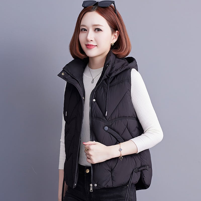 Γυναικείο γιλέκο με κουκούλα, γέμισμα από πούπουλο-βαμβάκι, για καθημερινή μετακίνηση, κανονικό μήκος 50–65 εκ, μονόχρωνο πολυεστερικό ύφασμα, μπροστινό φερμουάρ, φθινόπωρο 2024