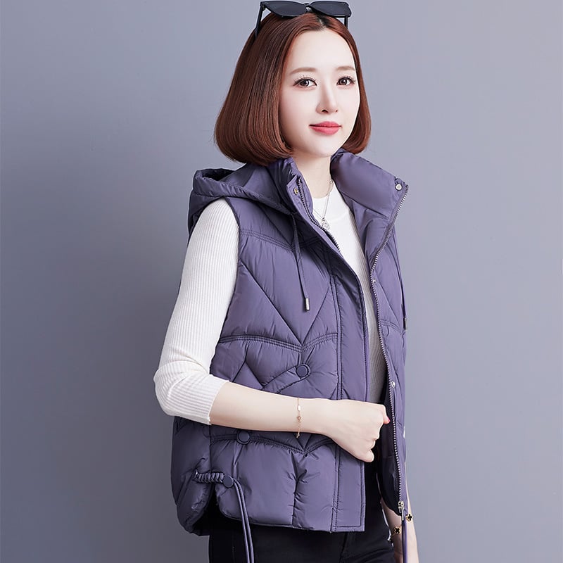 Γυναικείο γιλέκο με κουκούλα, γέμισμα από πούπουλο-βαμβάκι, για καθημερινή μετακίνηση, κανονικό μήκος 50–65 εκ, μονόχρωνο πολυεστερικό ύφασμα, μπροστινό φερμουάρ, φθινόπωρο 2024