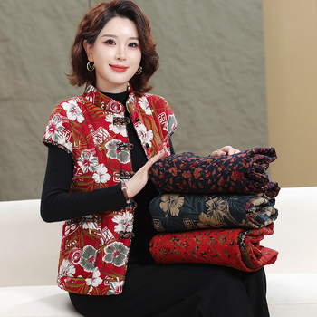 Жилетка за жени с китайски стил, памук-лен коноп смес, съдържание коноп 50-70%, флорален принт, есен 2025, дължина 50-65 см