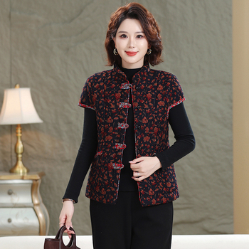 Жилетка за жени с китайски стил, памук-лен коноп смес, съдържание коноп 50-70%, флорален принт, есен 2025, дължина 50-65 см