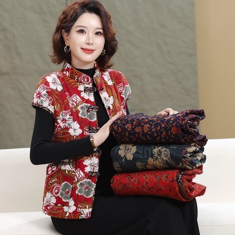 Жилетка за жени с китайски стил, памук-лен коноп смес, съдържание коноп 50-70%, флорален принт, есен 2025, дължина 50-65 см