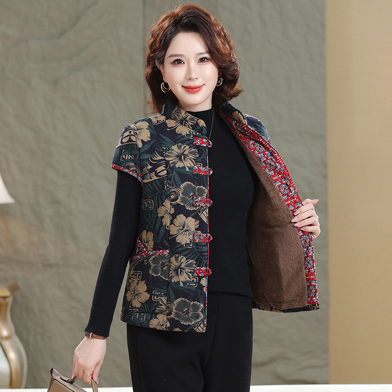 Жилетка за жени с китайски стил, памук-лен коноп смес, съдържание коноп 50-70%, флорален принт, есен 2025, дължина 50-65 см