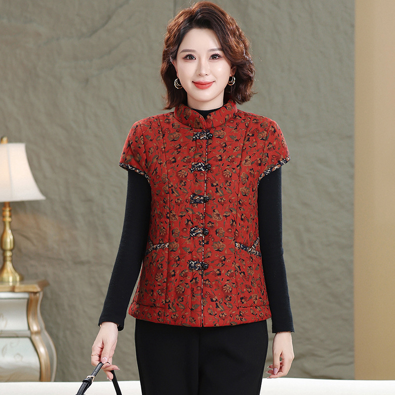 Жилетка за жени с китайски стил, памук-лен коноп смес, съдържание коноп 50-70%, флорален принт, есен 2025, дължина 50-65 см