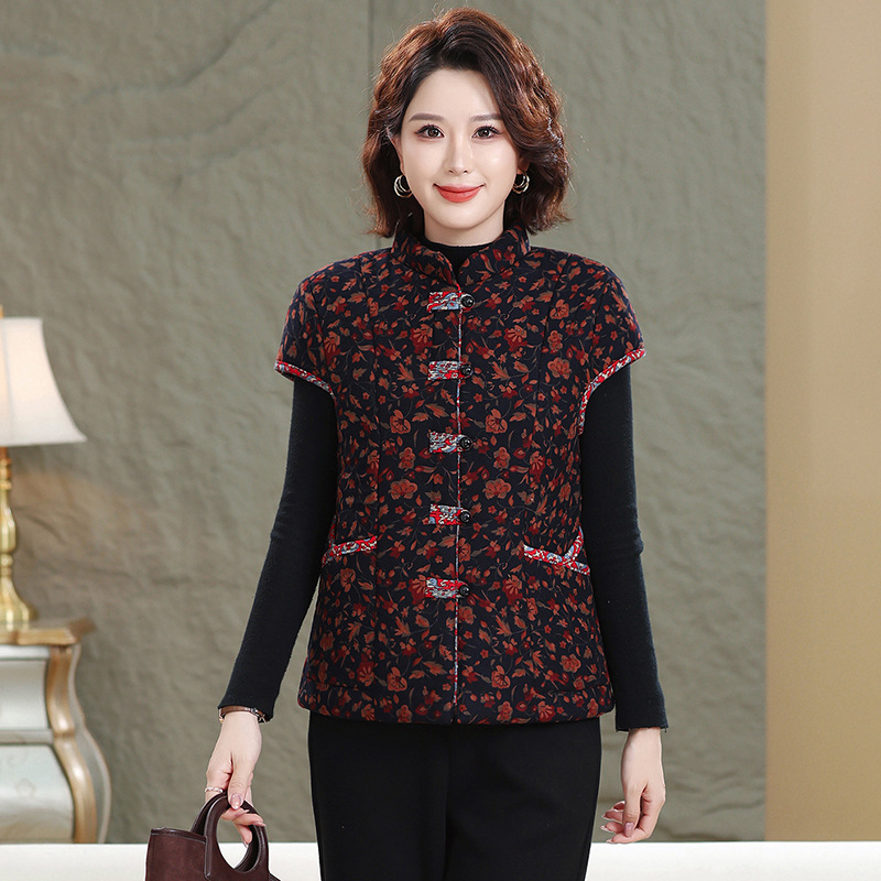 Жилетка за жени с китайски стил, памук-лен коноп смес, съдържание коноп 50-70%, флорален принт, есен 2025, дължина 50-65 см