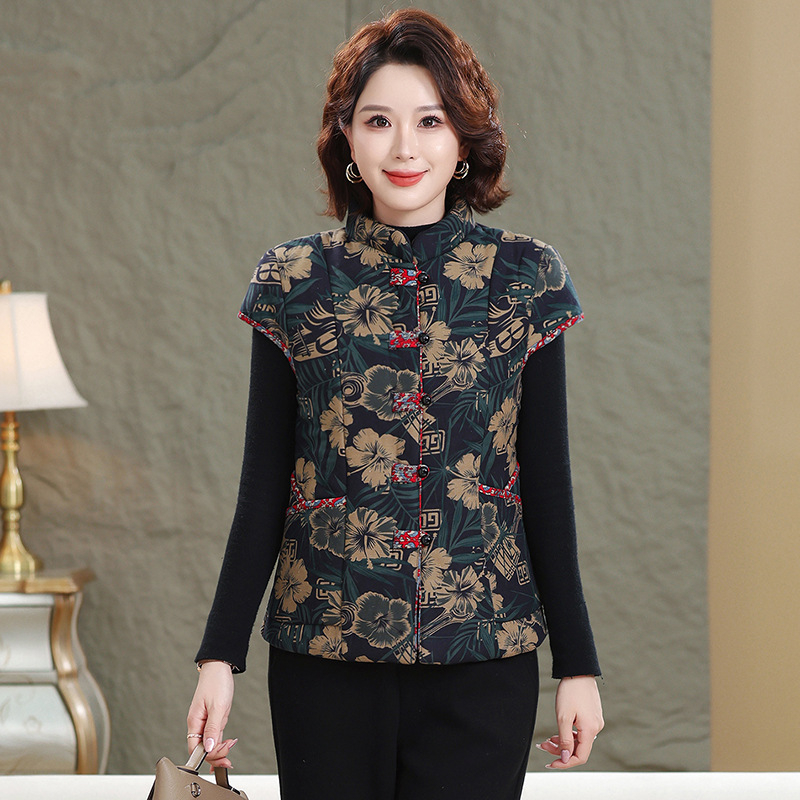 Жилетка за жени с китайски стил, памук-лен коноп смес, съдържание коноп 50-70%, флорален принт, есен 2025, дължина 50-65 см