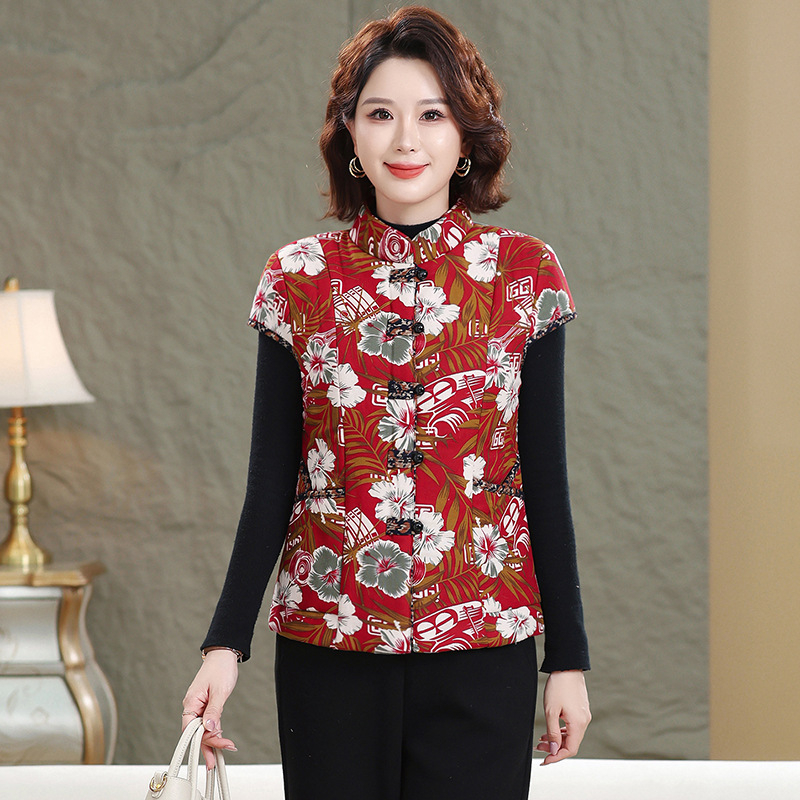 Жилетка за жени с китайски стил, памук-лен коноп смес, съдържание коноп 50-70%, флорален принт, есен 2025, дължина 50-65 см